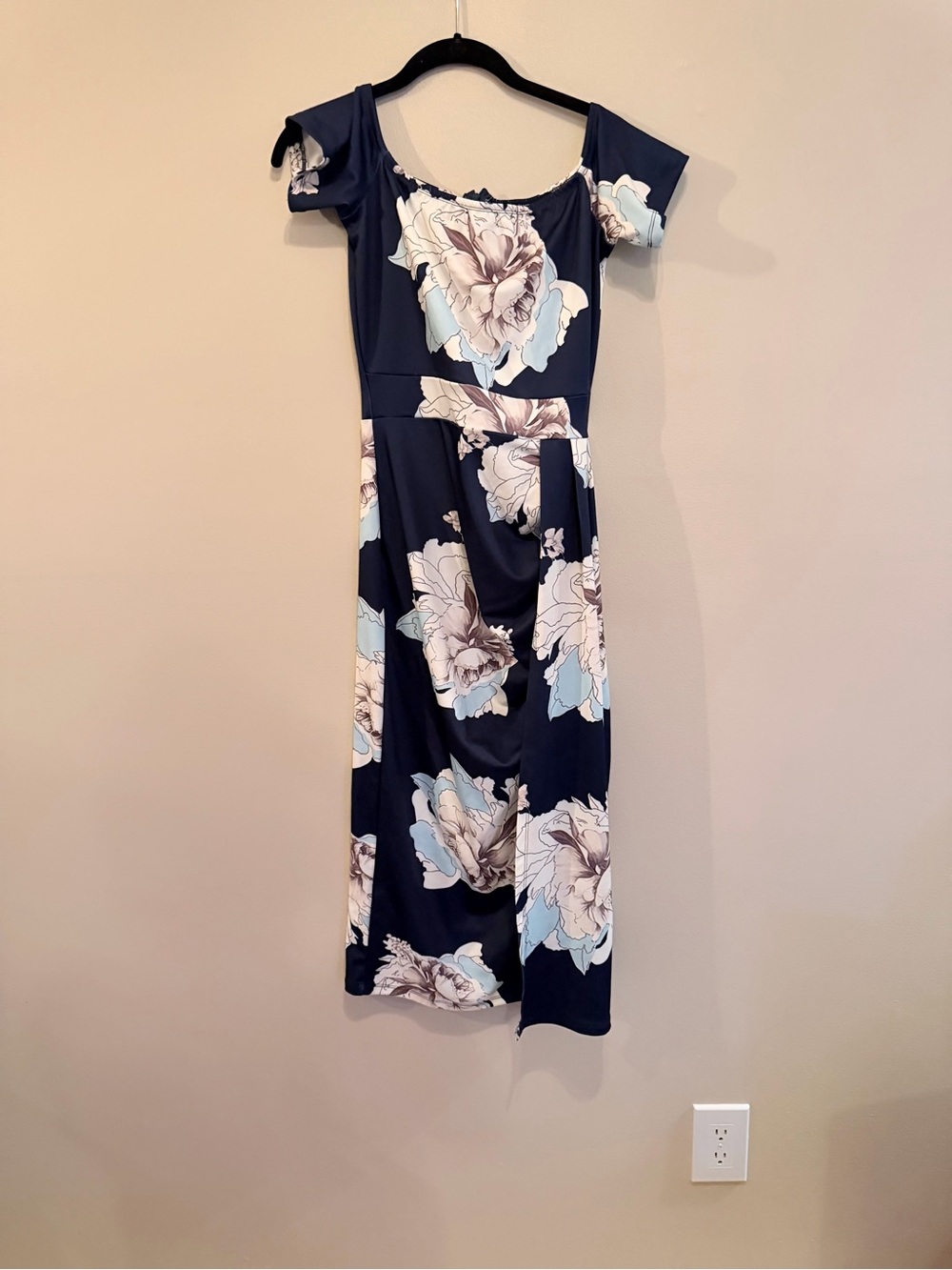 Navy Floral Off-Shoulder Midi Dress